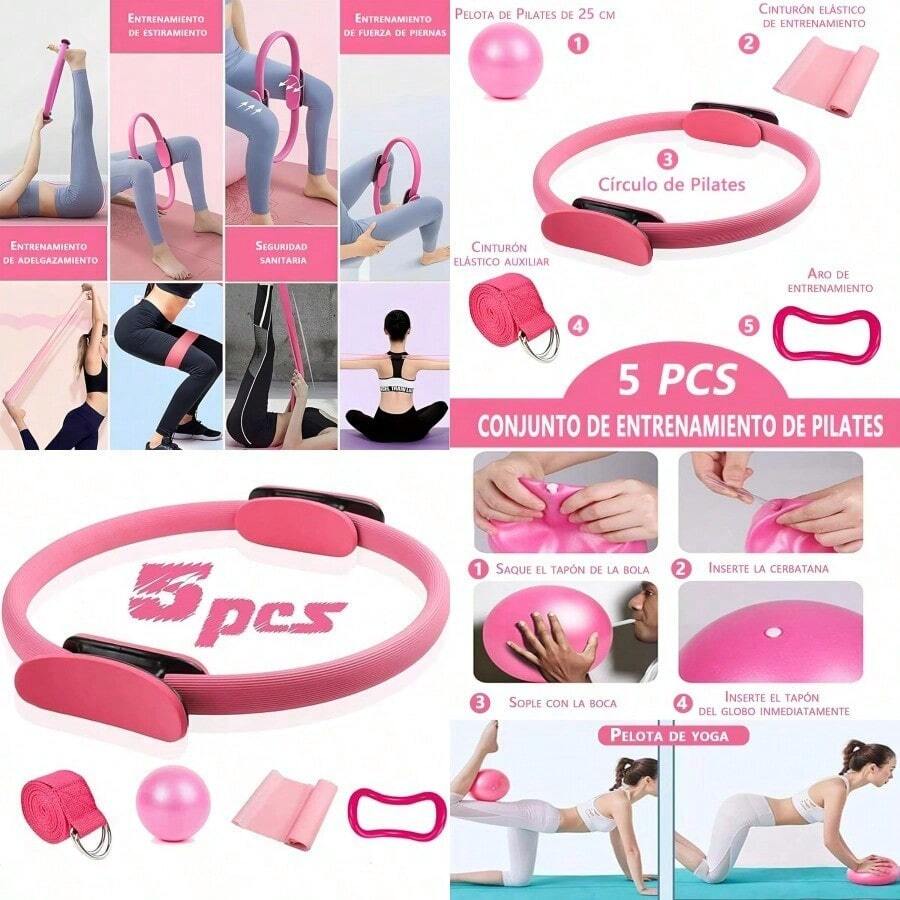 Pilates Kit 5 en 1 Kit Pilates Casa con Aro de Pilates Pelota Pilates Bandas Elásticas Banda de Resistencia para Pilates Anillo de Yoga para Pantorrillas para Yoga Pilates Fitness - rosa - Ver 1