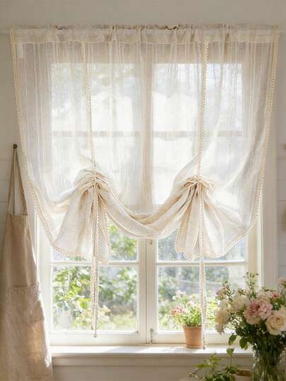 1 Pc Boho Beige Striped Tie Up Curtain For Kitchen Light Filtering Half Window Curtain For Bathroom Adjustable Balloon Short Sheer Curtain For Cafe Window Home Decor Rod Pocket