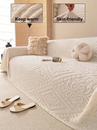 1pc Solid Color Jacquard Sofa Cover, Soft & Comfortable Pet Proof, Machine Washable, Holiday Decor & Sofa Protection, Fits 1/2/3/4 Seater Sofa