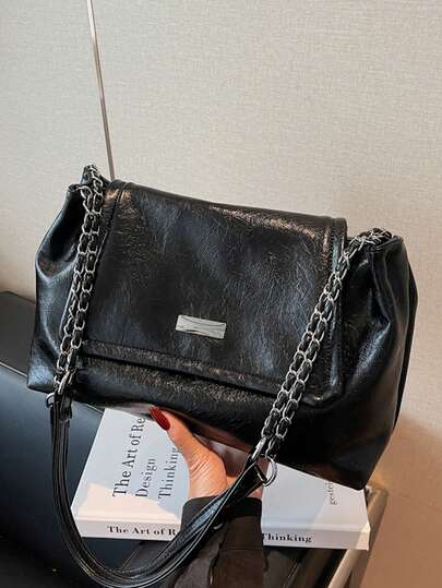 Bolsa Feminina Preta Plissado Com Corrente, Bolsa De Ombro Grande Para O Dia A Dia, Bolsa Versátil Para Usar Debaixo Do Braço