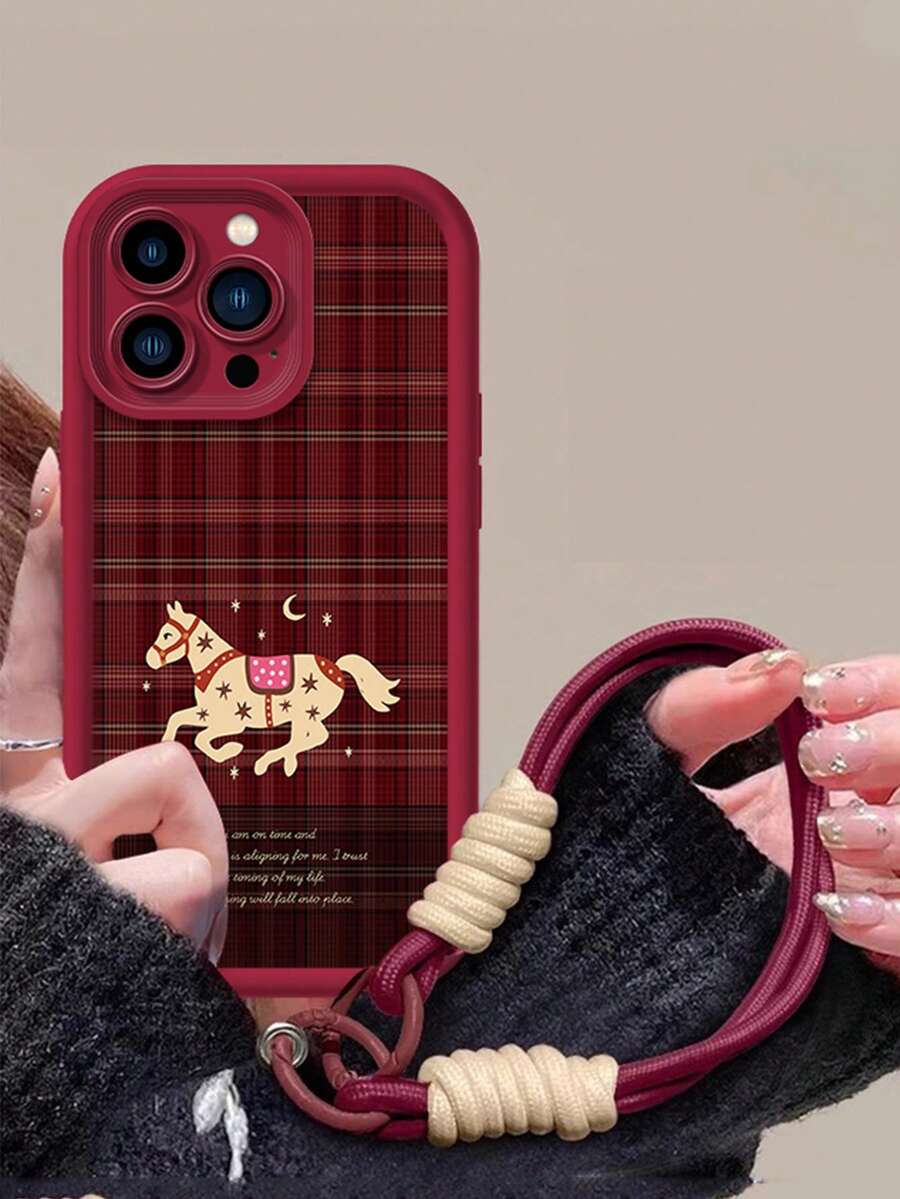 简约格子马图案手机壳,兼容 17 Pro Max、16 Pro、15 Plus、14、13、12、11,柔软保护套带挂绳,节日设计 - 紅色 - 查看 1