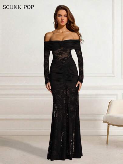 Solid Color Sexy Elegant Lace Backless Ruffle Lace Patchwork Beach Wedding Party Formal Evening Cocktail Homecoming Dress