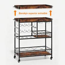 Carrito multifuncional para cocina y comedor, carrito de almacenamiento con ruedas de madera estampada retro de 31.5 pulgadas (con estante para vino) - Marrón - Ver 8