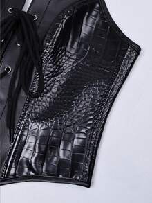 Sexy Chest-Binding Bustier, PU Leather Patchwork Crop Top Corset With Metal Eyelet Lace-Up Front, Open Back, Adjustable Straps, Women Lingerie For Valentine's Day, Clubwear - Black - View 7