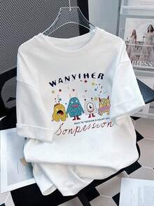 Plus Size Cartoon & Slogan Graphic Tee Casual Summer White - White - View 1