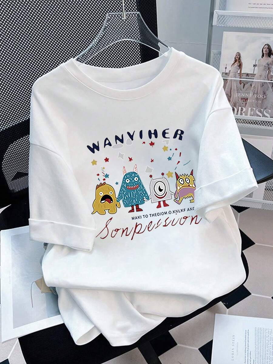 Plus Size Cartoon & Slogan Graphic Tee Casual Summer White - White - View 1