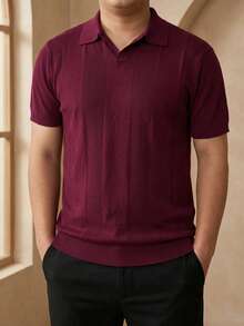 Men's Spring/Summer Turndown Collar Short Sleeve Ribbed Knit Slim Fit Old Money Vibe Casual Sophisticated Knitted Polo Shirt, Designer Men's Knit Tops - Burgundy - View 7