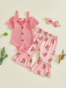 Conjunto de 3 piezas de ropa occidental para niña, mono liso de manga corta con hombros descubiertos, patrón de botas, pantalones acampanados y diadema con lazo - Rosa - Ver 6