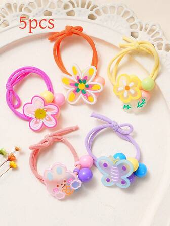 5pcs Assorted Flower Elastic Hair Ties, Cute Hair Scrunchies, Hair Bands For Ponytail