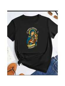 Basic Printed Cotton T-Shirt, Catholic, Our Lady Of Perpetual Help, Religious, Unisex - Black - View 2