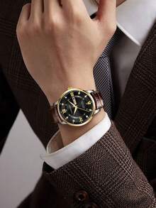 FANSICHEN Men's Waterproof Luminous Leather Watch | Crystal Dial Casual Quartz Wristwatch - Ideal Gift For Men Daily Wear - Gold - View 3