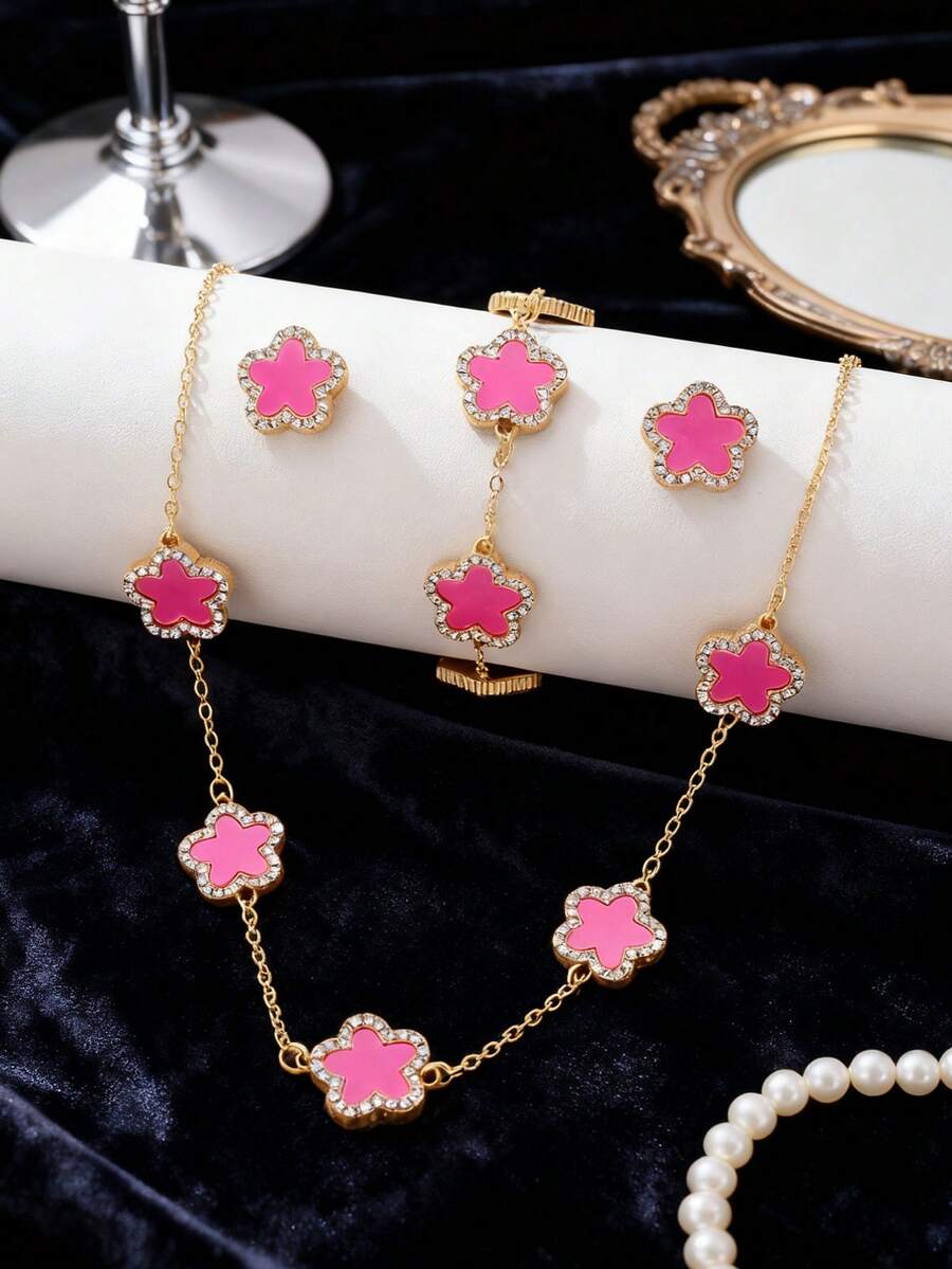 Bộ trang sức 4 món kiểu Ins-Style hình cỏ ba lá khảm vỏ sò nhiều màu sắc và đính đá rhinestone, mạ vàng (dây chuyền + vòng tay + bông tai), phụ kiện thời trang đa năng dùng hàng ngày. - bộ đồ - Xem 1