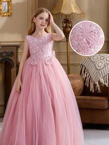 Tween Girl Pink Handmade Beaded Sequin Trim V-Neck Elegant Party Dress, Princess Dress Suitable For Girls Birthday Party, Banquet, Prom, Flower Girl Wedding, Bridesmaid Dress, Holiday Celebration - Pink - View 5