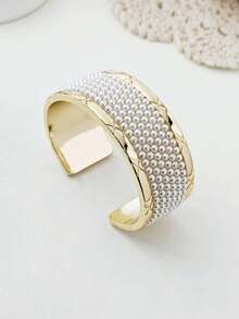 Vintage French Style Inlaid Pearl Alloy Heavily Crafted Fashion Open Bangle Bracelet For Women - Bracelet - View 1