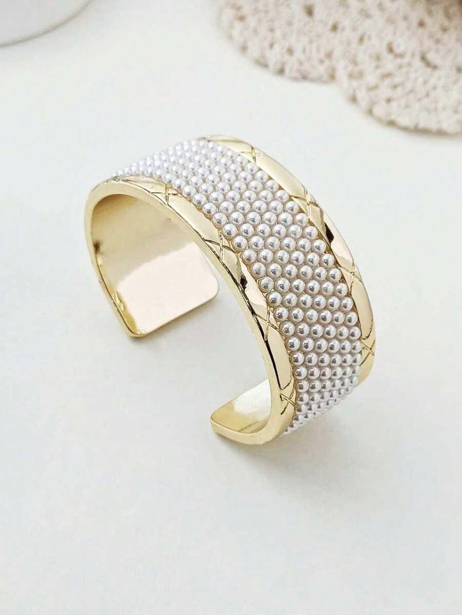 Vintage French Style Inlaid Pearl Alloy Heavily Crafted Fashion Open Bangle Bracelet For Women - Bracelet - View 1