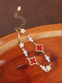 1pc Casual Elegant Design Mori Style Vintage Hong Kong French Romantic Geometric Heart Layered Bracelet - Red, White and Gold - View 2