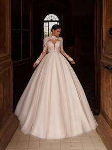 Majestic High Neck Lace Long Sleeve Corset Tulle Ballgown Wedding Dress With Train, Wedding Dresses For Bride, Elegant And Comfortable, Includes Plus Sizes, Bridal Gown, Formal Dresses For Women, Suitable For Wedding, Party, Vacation, Bride, Formal Occasions, Dinner Dress, Prom Dress, After-Party Dress, Homecoming Dress, Cocktail Party, Birthday Party, Celebration, Gala, Festival, Ceremony - 白色 - 查看 3
