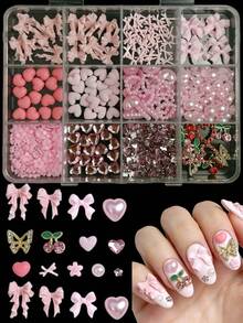 1 Box zufällig gemischte ABS rosa Schleifen Nagel Dekoration, 3D herzförmige Strass rosa Perlen, geeignet für Valentinstag Partys, Nail Art Zubehör DIY - Verschiedenfarbig - Übersicht 2