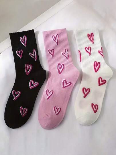 3 Pairs Lovely Heart Pattern Socks - Valentine's Day Gift For Loved Ones, Soft & Comfortable Winter Socks In Black, Pink, White, Casual Socks With Heart Design Suitable For All Seasons