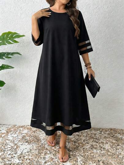 Plus Size Women's Elegant Black Long Dress, Round Neck Short Sleeve Flared Hem Belted Dress With Fashionable Sheer Sleeves And Hem
