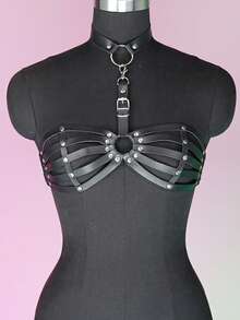 Punk PU Leather Cage Bra Harness, Fashion Chest Harness For Women, Accessories For Party Dating Harness Belt. - 黑色 - 查看 7