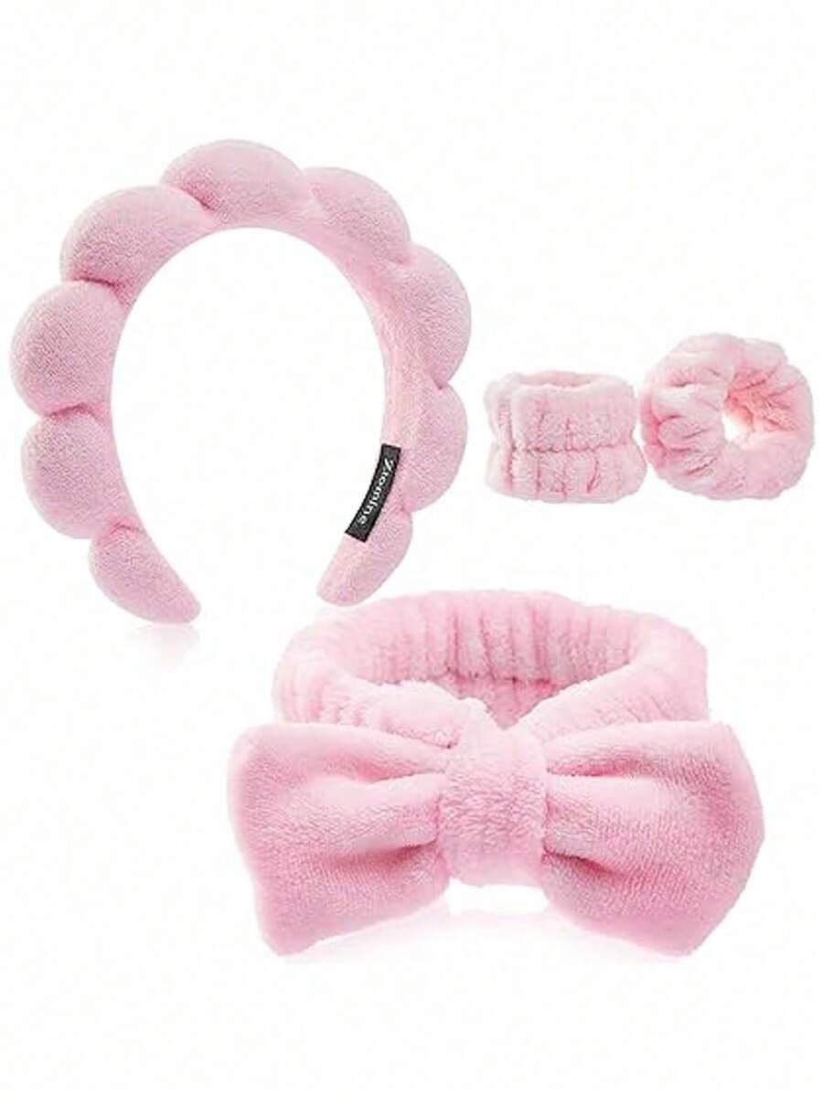 4-3件套奢华超柔软纤维SPA头带和腕带套装，洁面头带，化妆头带，护肤头带，毛绒蓬松海绵头带，柔软吸水毛巾布头带，适用于护肤、卸妆和沐浴，适合女性和女孩，护肤头带，美容，护肤产品，SPA，自我护理，护肤工具，面部护理，美容师用品，皮肤，洁面霜，面部护理 - 彩色 - 查看 1