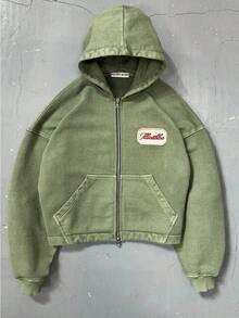 Unisex Vintage-Washed Y2K Hoodie - Oversized Relaxed-Fit Zipper Streetwear Jacket - Màu xanh Ô liu - Xem 1