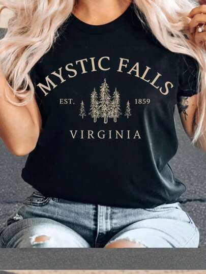 100% Cotton Mystic Falls Virginia Graphic T-Shirt, Casual Crew Neck, Regular Length, Alphabet Pattern, For All-Season Tee