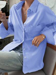 Look Polly Women's Elegant Blue Stripe Printed Striped Long Sleeve Shirt, Single-Breasted Casual Fashion Blouse, Spring/Summer Wear, With Pocket Design, Back To School, Retro Style - Denim Blue - View 10