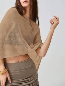 Women Sheer Knit Crochet Poncho Top Mesh Off Shoulder Shrug Summer Asymmetrical Shawl See Through Bolero Cover Up Tops - 棕色 - 查看 3
