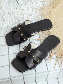女士夏季新款休闲户外拖鞋，时尚平底凉鞋，宽松方头套脚拖鞋 - 黑色 - 查看 1