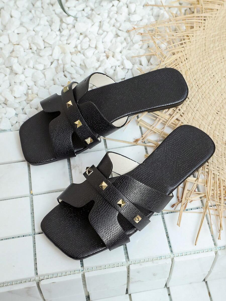 女士夏季新款休闲户外拖鞋，时尚平底凉鞋，宽松方头套脚拖鞋 - 黑色 - 查看 1