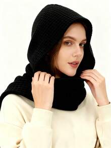 1pc Women's Fashion Solid Color Black/Beige/Khaki/Brown Knitted Pattern Warm Hooded Scarf, Suitable For Dates, Outings, Daily Wear, Christmas, Valentine's Day And Other Occasions
