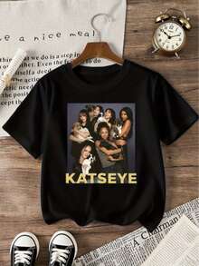 KATSEYE Girl Group Portrait Print Tee, K-Pop Korean Style Crew Neck Cotton Short Sleeve T-Shirt, Washable Durable Casual Youth Daily Streetwear Top - 黑色 - 查看 11