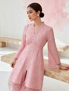 一套女士优雅刺绣两件套西装，适合春季、节日、度假、日常穿着和约会。 - 粉色 - 查看 4