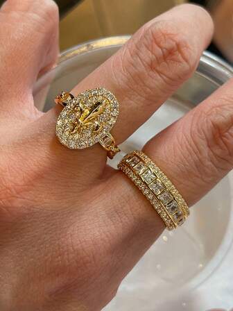 1pc Fashionable Elegant Square Rhinestone Ring, Minimalist Cross & Floral Design Gold-Tone Open Ring, Suitable For Women's Daily, Party, Holiday Wear, Birthday Gift, Jewelry Present