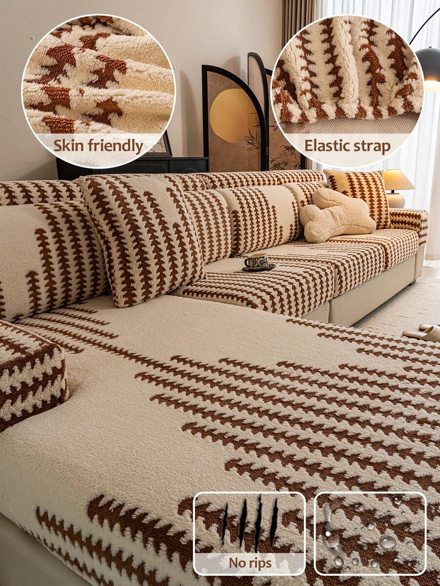 1 Pc New Autumn And Winter Thick Comfortable Cotton Velvet Sofa Hat Season Plush Cushion Cover Anti Slip Elastic Sofa Cover Cloth,Living Room 1/2/3/4 Seat Sofa Cover - Brown - View 1