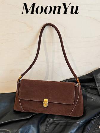 Women's Shoulder Bag, Flap Cover Baguette Bag, Fashion Elegant Delicate Faux Suede, Suitable For Shopping, Commuting, Dating, Coffee Color