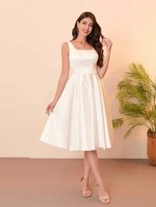 Elegant A-Line White Wedding Dress, Modern Princess Style Bridal Gown, White Satin Backless Women's Formal Wedding Dress - White - View 6