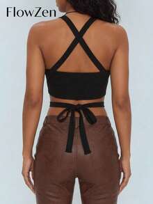 FlowZen Women's New Spaghetti Strap Criss-Cross Hollow Out Cropped Cami Top, Black Ribbed Bodycon Midriff-Revealing Shirt, Y2K Sexy Avant-Garde, Suitable For Party, Date, Casual, Music Festival, Valentine's Day Date - Black - View 2