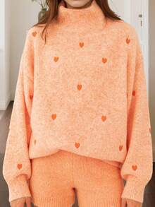 Women's Autumn Loose Sweater Heart Pattern Long Sleeve High Neck Knitwear Pullover - Naranja - Ver 4