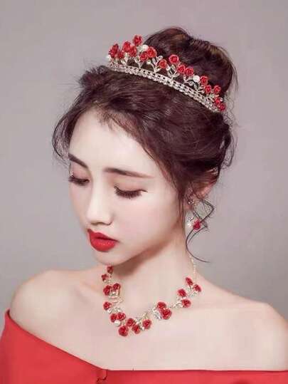 4件套女孩公主优雅甜美玫瑰皇冠项链耳环首饰套装