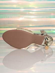 Women's New Elegant Crystal Embellished Strap Pointed Toe Gold High Heel Shoes, Party & Banquet Sandals - Gold - View 7