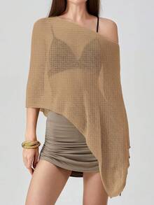 Women Sheer Knit Crochet Poncho Top Mesh Off Shoulder Shrug Summer Asymmetrical Shawl See Through Bolero Cover Up Tops - 棕色 - 查看 2