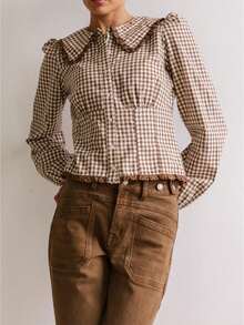 Women Y2k Babydoll Gingham Shirt Peter Pan Collar Long Sleeve Blouse Button Down Tops Cute Pleated T-Shirt - Cà phê nâu - Xem 1