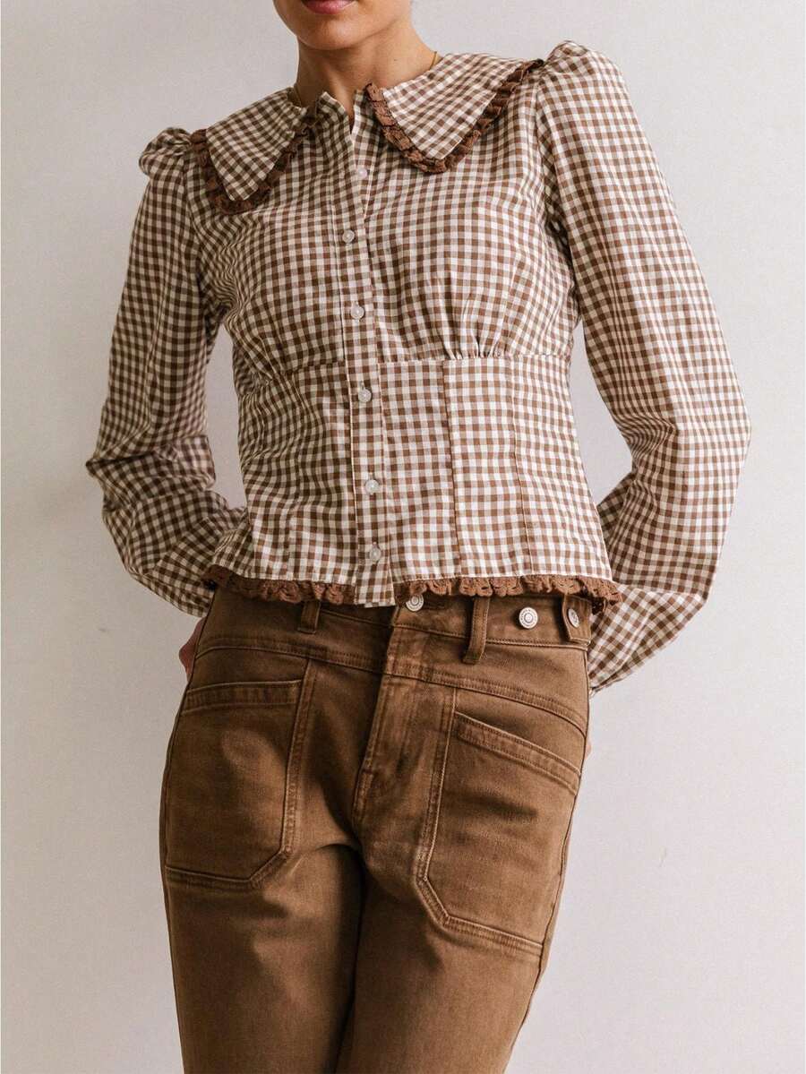 Women Y2k Babydoll Gingham Shirt Peter Pan Collar Long Sleeve Blouse Button Down Tops Cute Pleated T-Shirt - Cà phê nâu - Xem 1