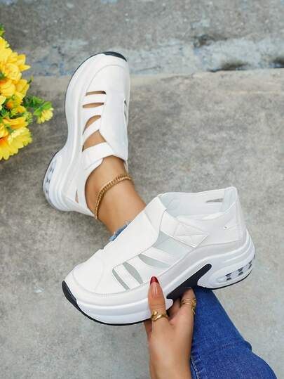 Hollow Breathable Women's Thick Sole Casual Sneakers, Fashionable Minimalist Slip-On Sandals, Suitable For Spring/Summer Casual, Commuting And Walking