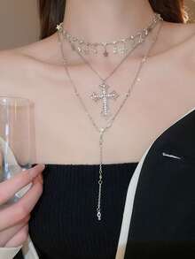 层叠十字架星形吊坠项链，时尚欧美风精致锁骨链，简约设计，女士项链 - 彩色 - 查看 1