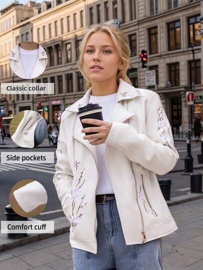 Veste de motard vintage en PU pour femmes (brodée) - Une veste parfaite pour le port quotidien casual, élégante et , un choix idéal pour les saisons de printemps et d'automne.