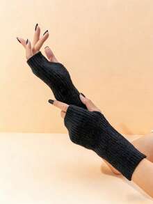 زوج واحد/زوجان من القفازات المحبوكة المرنة ذات اللون الأحادي البسيطة والدافئة - الأسود - مشاهدة 2